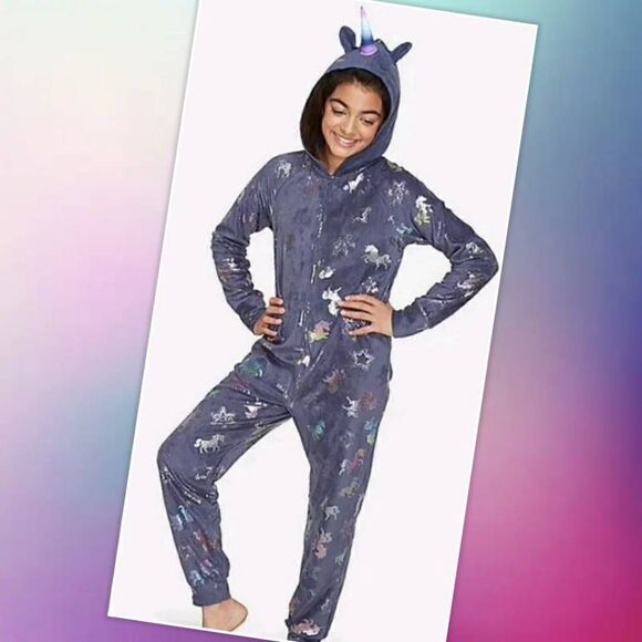 Justice Glitter Mane Unicorn One Piece Pajama Sz 18-20 Pajama Party - Picture 1 of 6